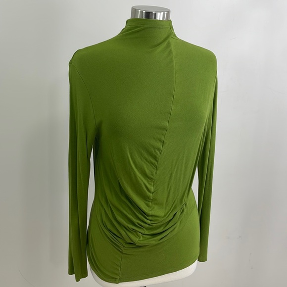 Soft Shirred-Seam Asparagus Draped Mock Neck Ruched Long Sleeve Top - Picture 11 of 16
